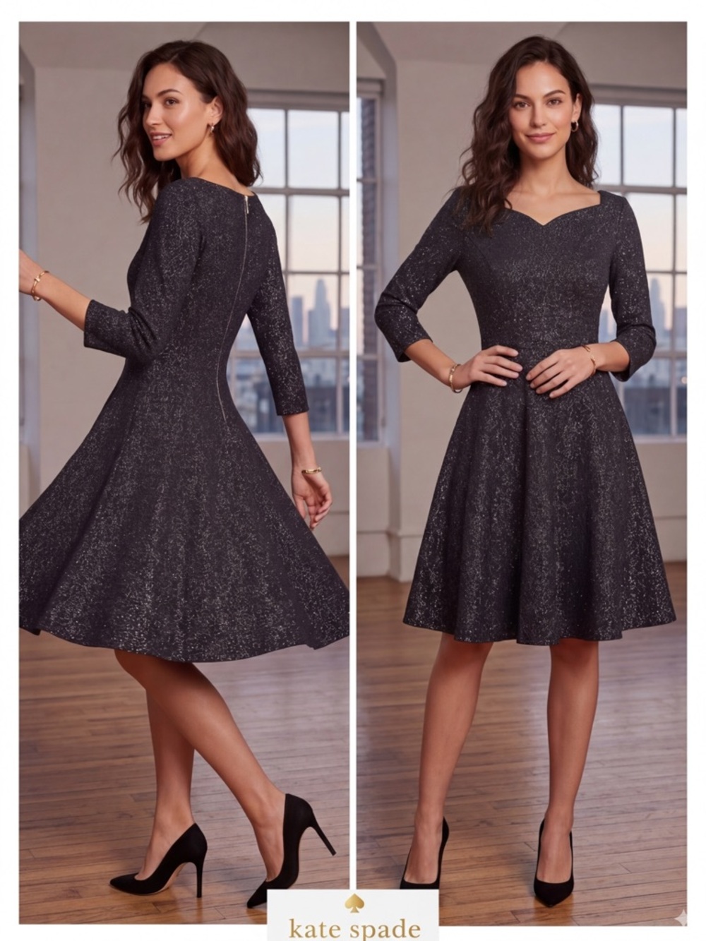 Kate Spade New York Black & Gold Metallic Sparkle Knit Fit & Flare Dress Size 4
